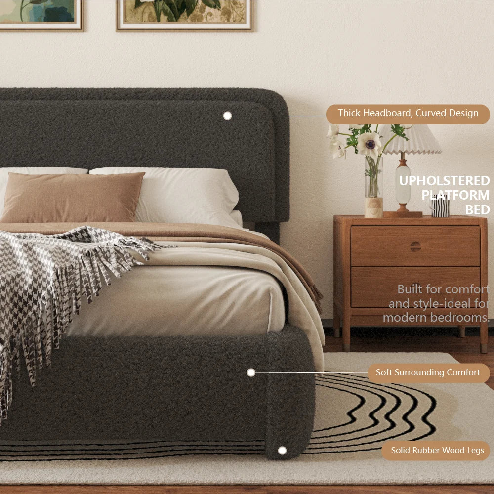VIPLOV King Size Boucle Bed Frame, Cloud Upholstered Platform Bed with Height Adjustable Headboard & Soft Rounded Corners, No Noise Free, Easy Assembly,Beige