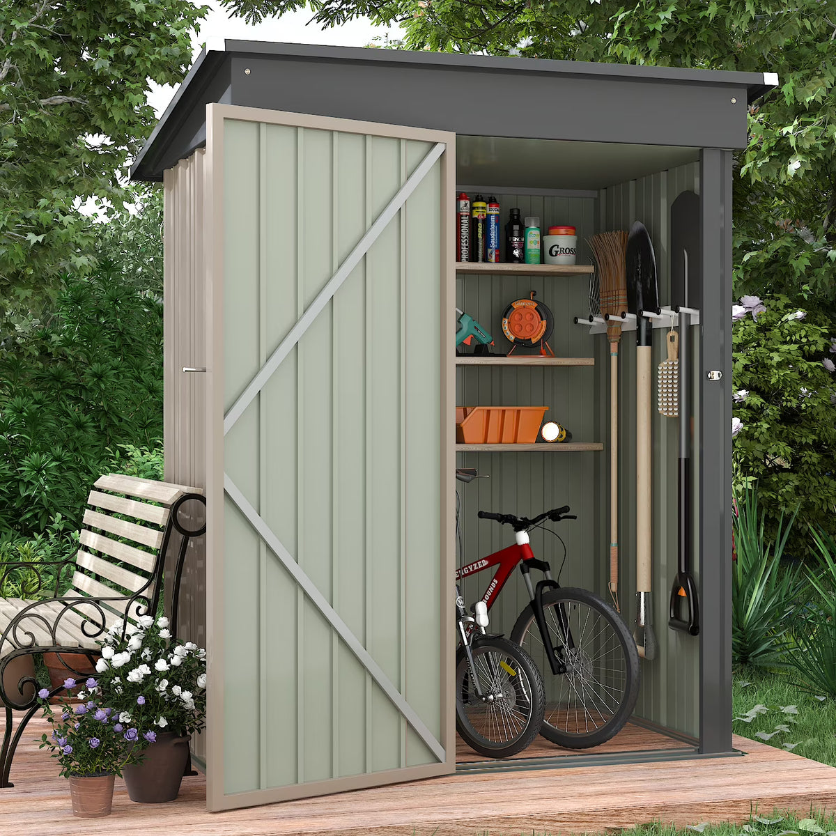 LACOO 4' x 6' Outdoor Storage Metal Shed for Tool Storage, Outdoor House for Backyard & Garden,Brown
