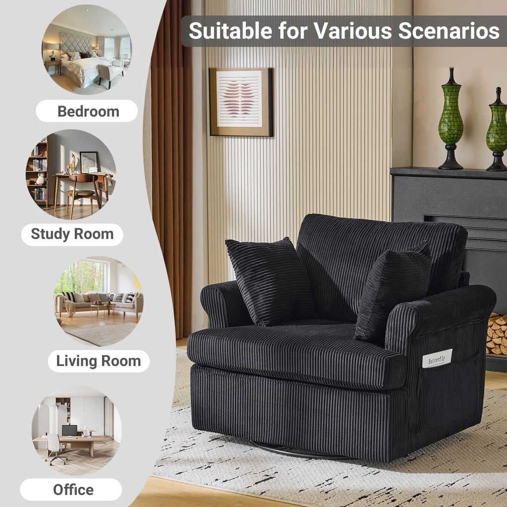 Ktaxon Swivel Accent Chair, 360-Degree Rotation Reading Chair, Corduroy Fabric Sofa with Armrest Pockets, Solid Metal Base, Perfect for Living Room Bedroom Black