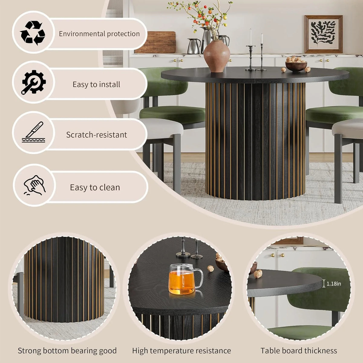 Modern Round Dining Table, 47 Inch Small Circle Kitchen Tables for 4-6, Wood Strip Base, Farmhouse Table for Kitchen, Dinning Room, Walnut