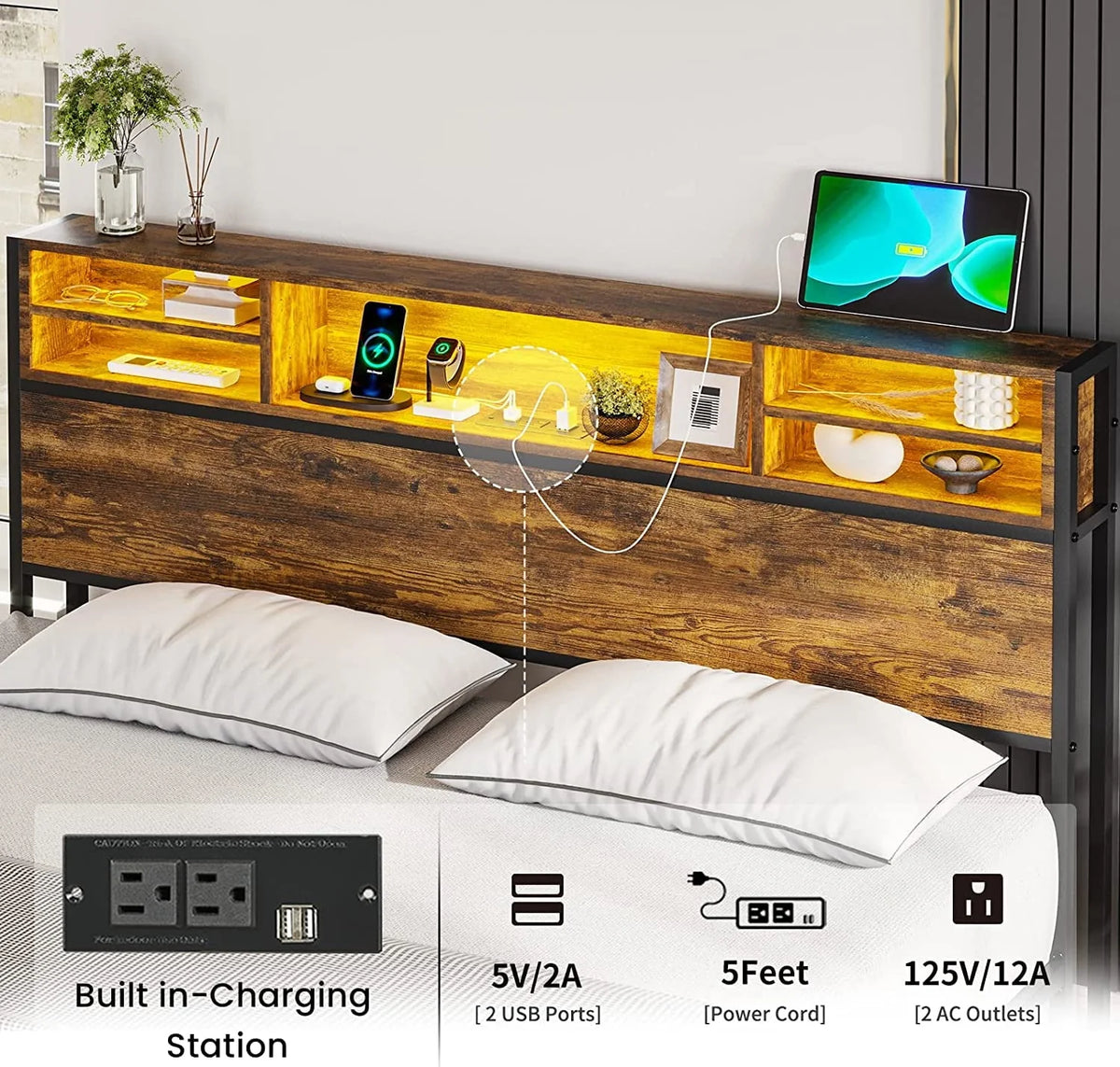 Full LED Bed Frame with Charging Station and Storage Headboard,Full Size Metal Platform Bed with LED Lights, Rustic Brown