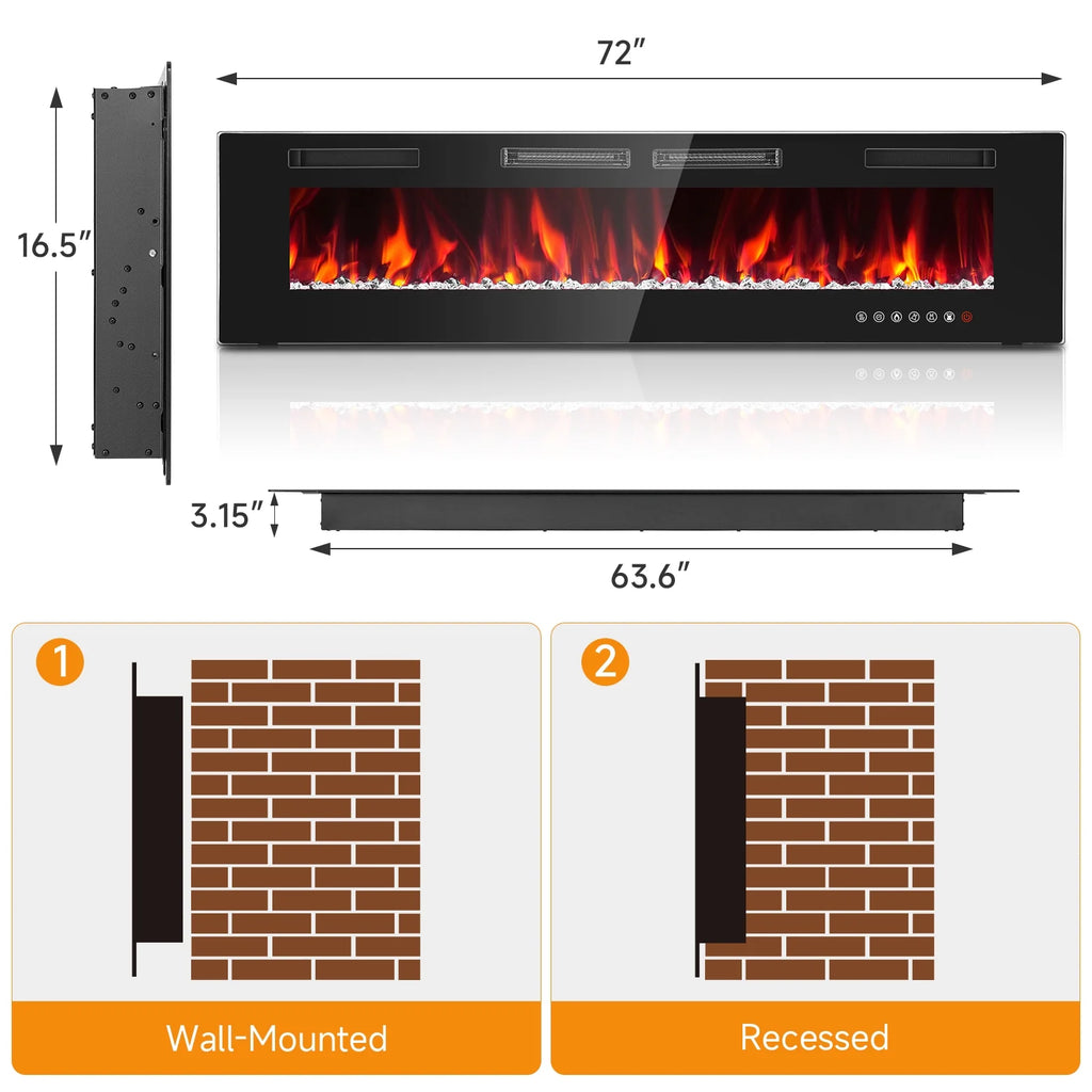 Dovov 50" Wall Mounted Electric Fireplace, Recessed Mirrored Fireplace Heater 750/1500W Ultra Thin Linear Fireplace with Remote Control, Touch Screen, Timer, 2 Heat Fans, Multicolor Flame