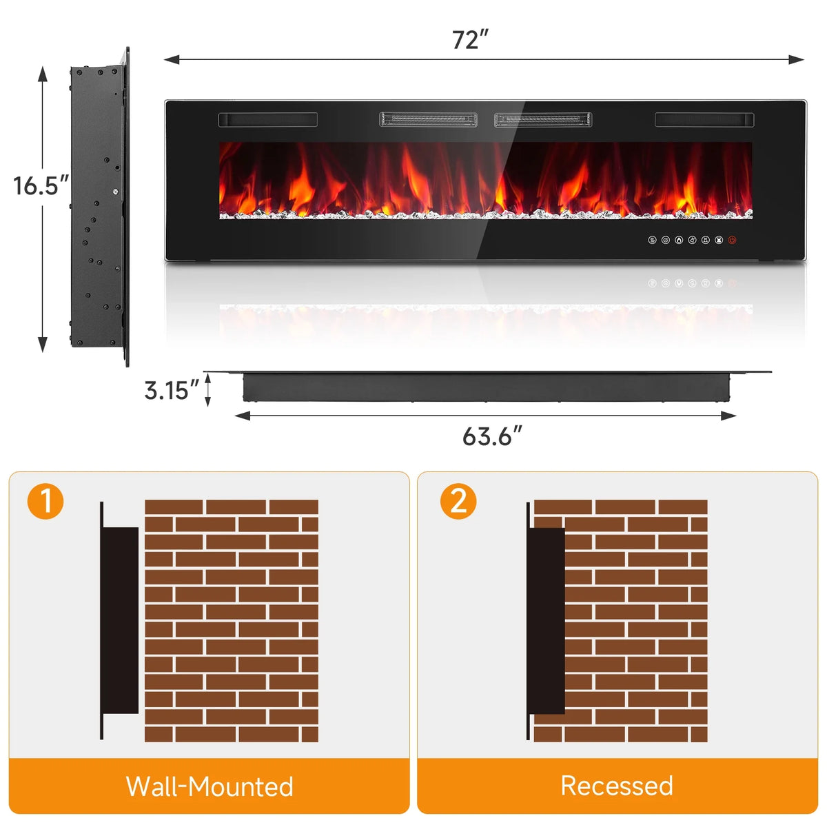 Dovov 50" Wall Mounted Electric Fireplace, Recessed Mirrored Fireplace Heater 750/1500W Ultra Thin Linear Fireplace with Remote Control, Touch Screen, Timer, 2 Heat Fans, Multicolor Flame