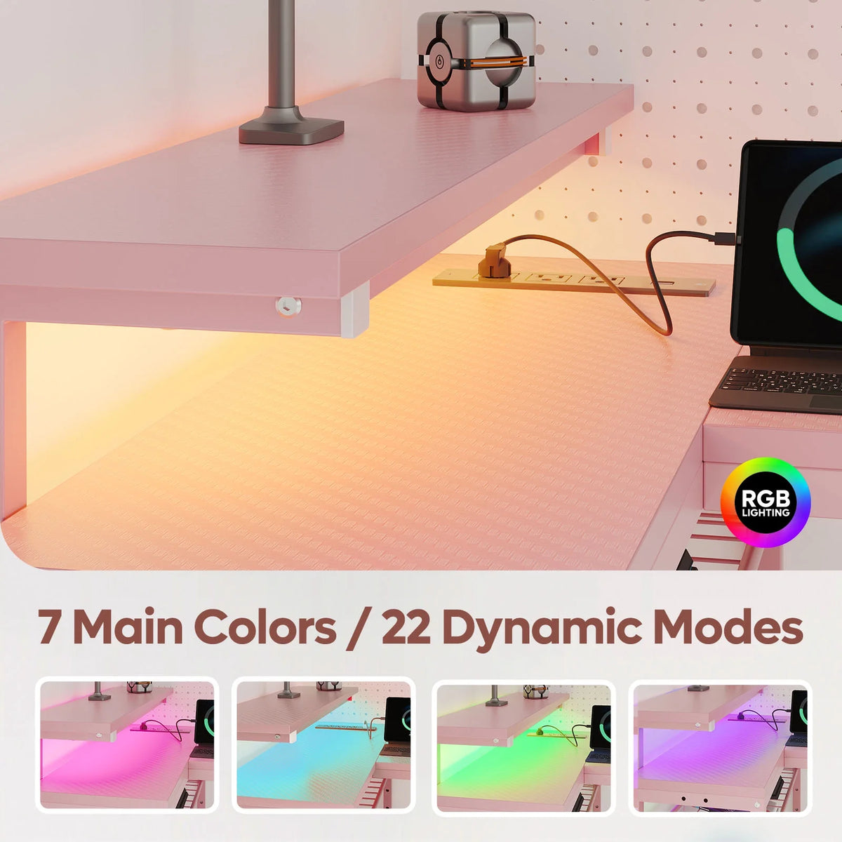 Bestier 52" Gaming Desk with LED Lights L Shaped Desk with Power Outlet & Monitor Stand Corner Computer Desk in Carbon Fiber