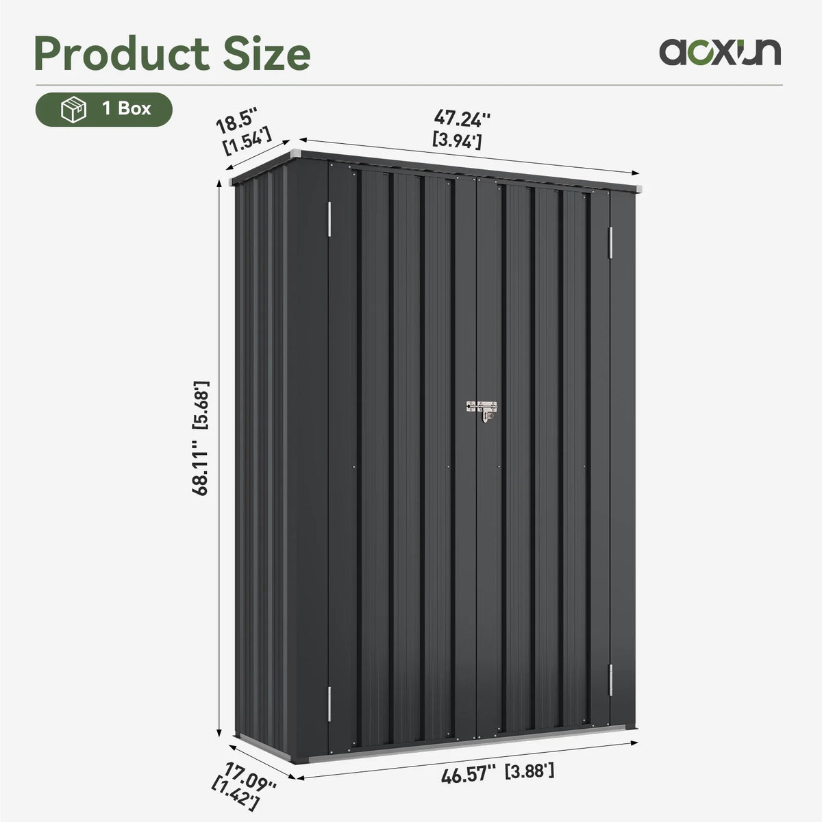 Aoxun 4.5x1.5 ft. Black Metal Storage Shed with 2 Shelves, Outdoor Waterproof Cabinet