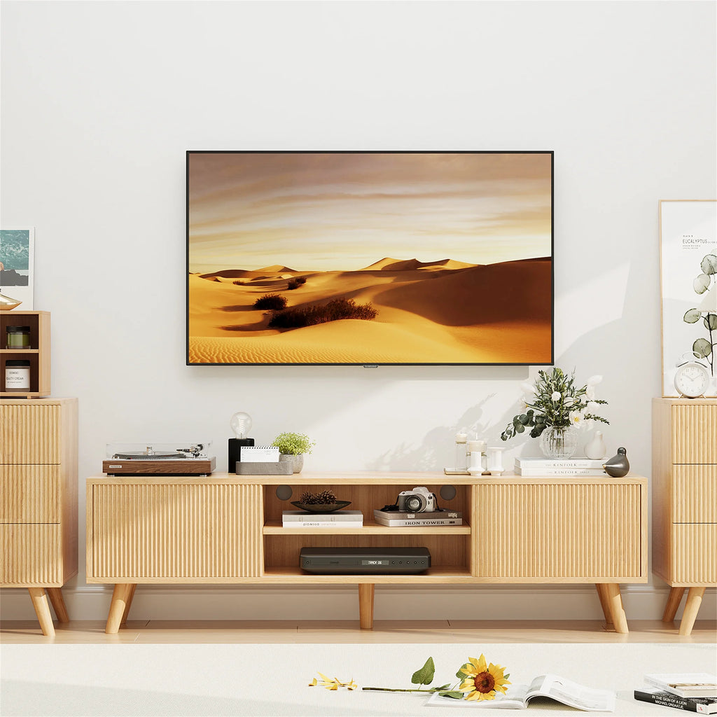Planntonneo Mid-Century Modern Fluted TV Stand Wooden Media Console Entertainment Center for Living Room, Walnut Color