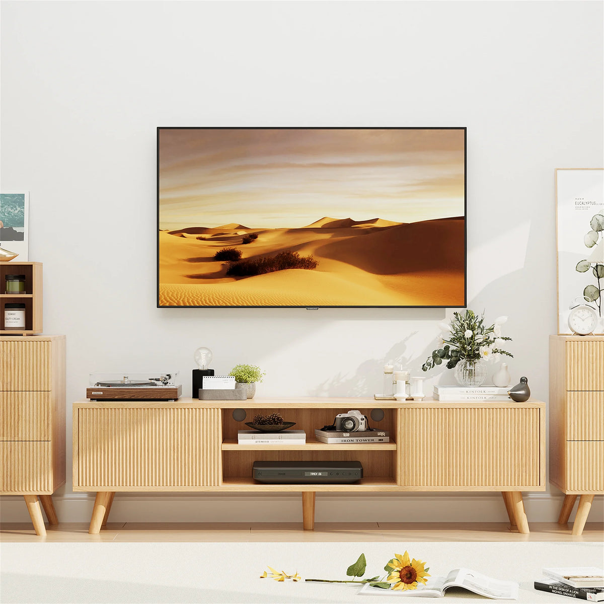 Planntonneo Mid-Century Modern Fluted TV Stand Wooden Media Console Entertainment Center for Living Room, Walnut Color