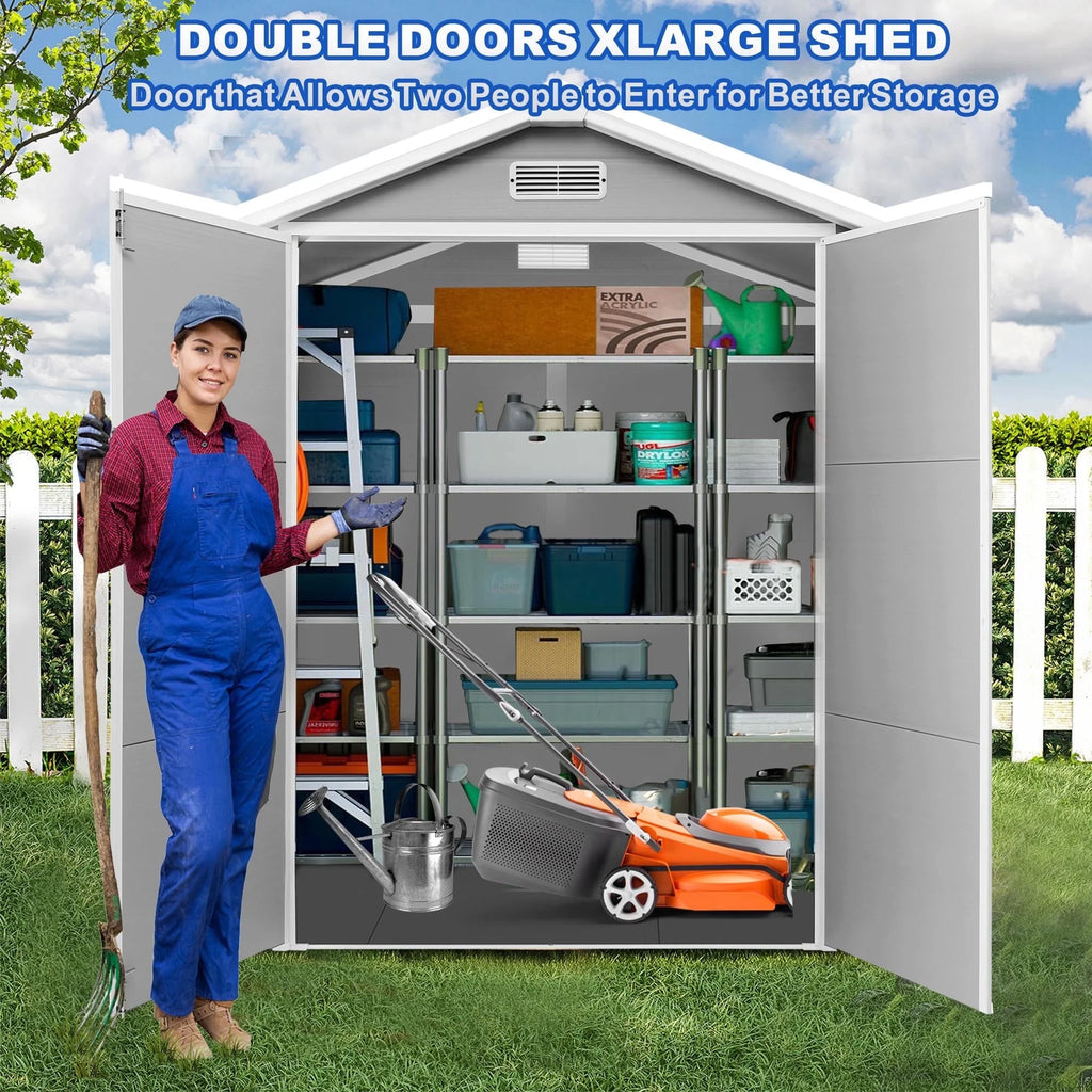 Outdoor Shed & Storage, Seizeen All-Weather Plastic Sheds 82'' H, Sloped Top Garden Shed with Window, Heavy-Duty Resin Outdoor Storage W/Floor, Gray
