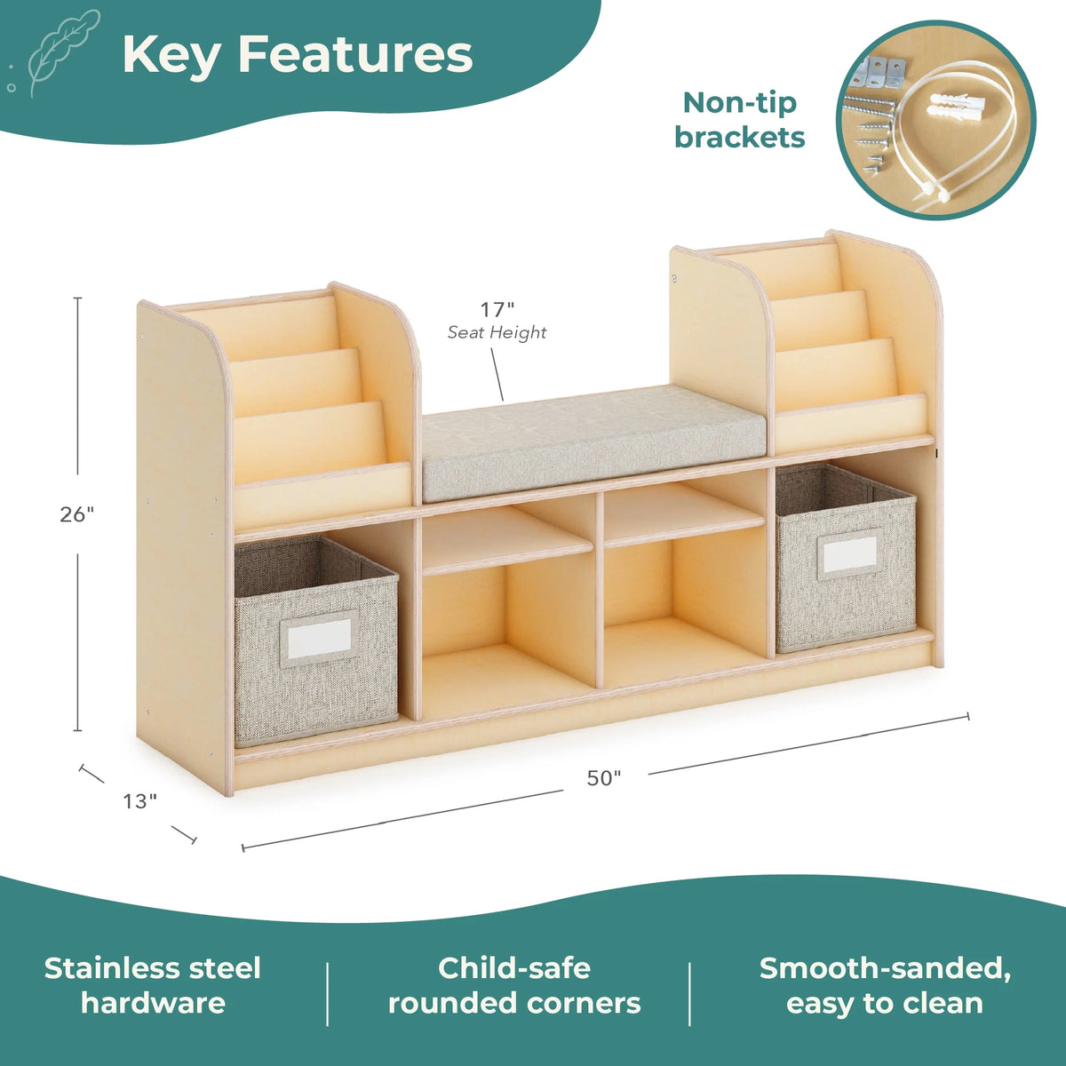 Guidecraft EdQ Reading Nook - Natural: Children's Wooden Bedroom Reading Bench, Kids' Bookshelf, Toy Cubby Organizer and Cube Storage