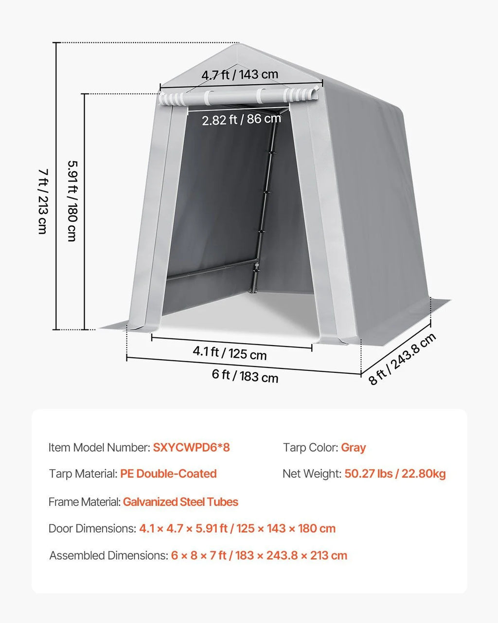 6X8ft waterproof portable canopy carport, metal frame yard tool storage tent, quick assembly weatherproof