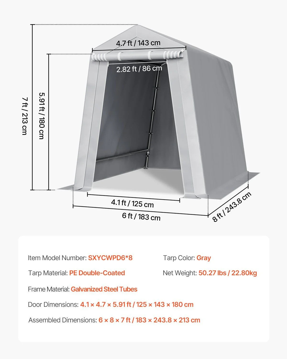 6X8ft waterproof portable canopy carport, metal frame yard tool storage tent, quick assembly weatherproof