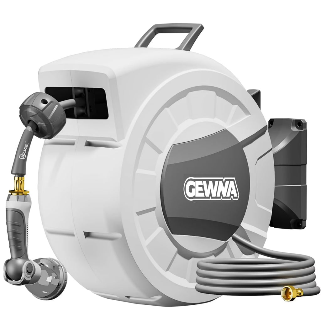 Gewna 1/2 in x 100 ft Retractable Wall Mounted Garden Hose Reel with 10 Pattern Nozzle, Any Length Lock, Slow Return System, 180 Swivel Bracket
