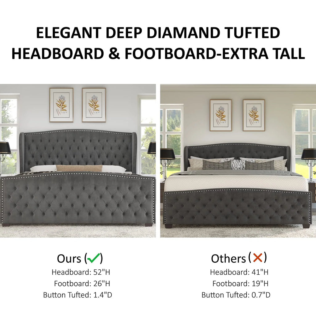 VANACC Queen Size Bed Frame, Velvet Upholstered Bed with Deep Button Tufted Wingback Headboard Grey