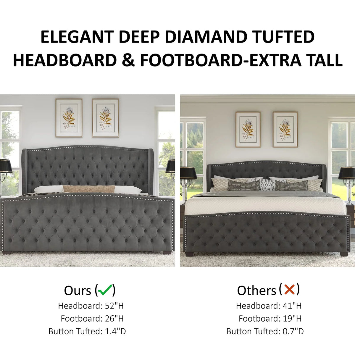 VANACC Queen Size Bed Frame, Velvet Upholstered Bed with Deep Button Tufted Wingback Headboard Grey