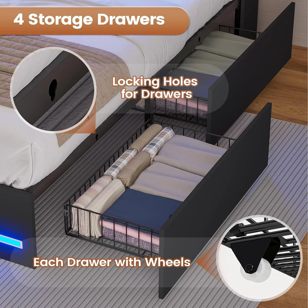 AOGLLATI Upholstered Platform Twin Bed with 4 Storage Drawers & Charging Station & LED Lights, Black