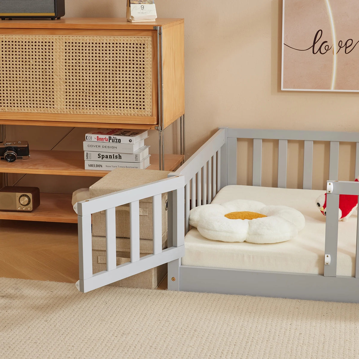 Ktaxon Montessori Twin Floor Bed with Safety Guardrails, Toddler Bed Frame for Kids, Wood Frame - Nature