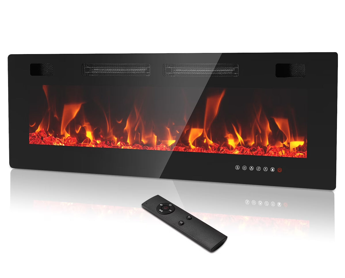 Dovov 50" Wall Mounted Electric Fireplace, Recessed Mirrored Fireplace Heater 750/1500W Ultra Thin Linear Fireplace with Remote Control, Touch Screen, Timer, 2 Heat Fans, Multicolor Flame