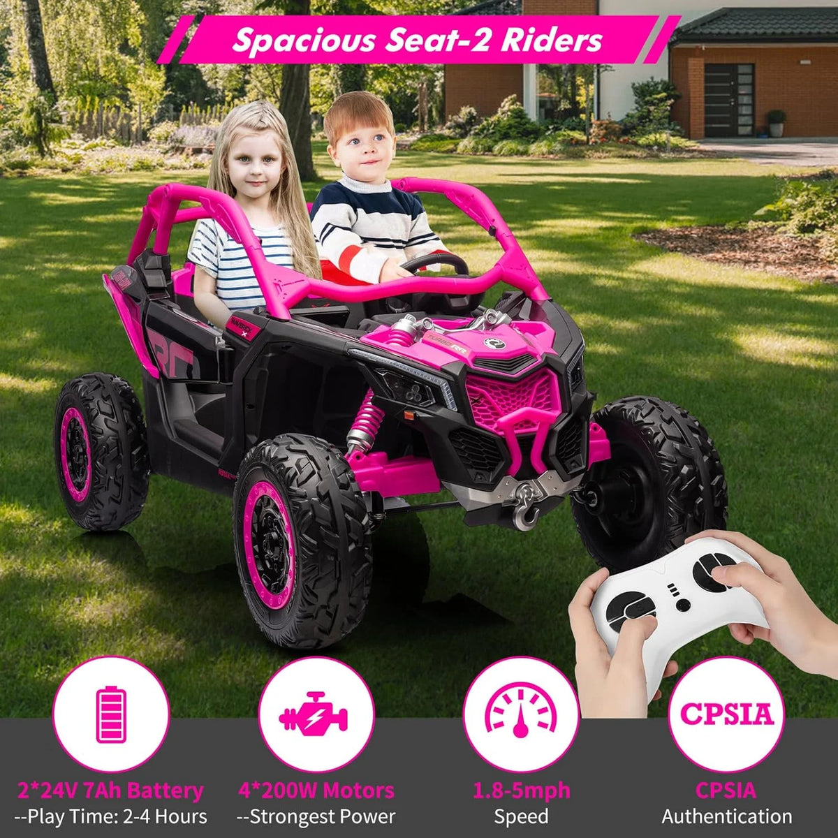 EastVita 2 Seats Ride on Ride on Car 200W Motors UTV,with Remote Control 23" Seats Width Electric Vehicle, EVA Wheels,Music,Head+Tail Light