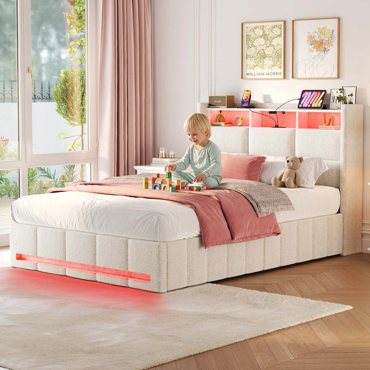 Greenstell Twin Size Lift up Hydraulic Platform Storage Bed Frame with Led Light & Charging Station, Fabric Channel Wingback Headboard, Dark Gray