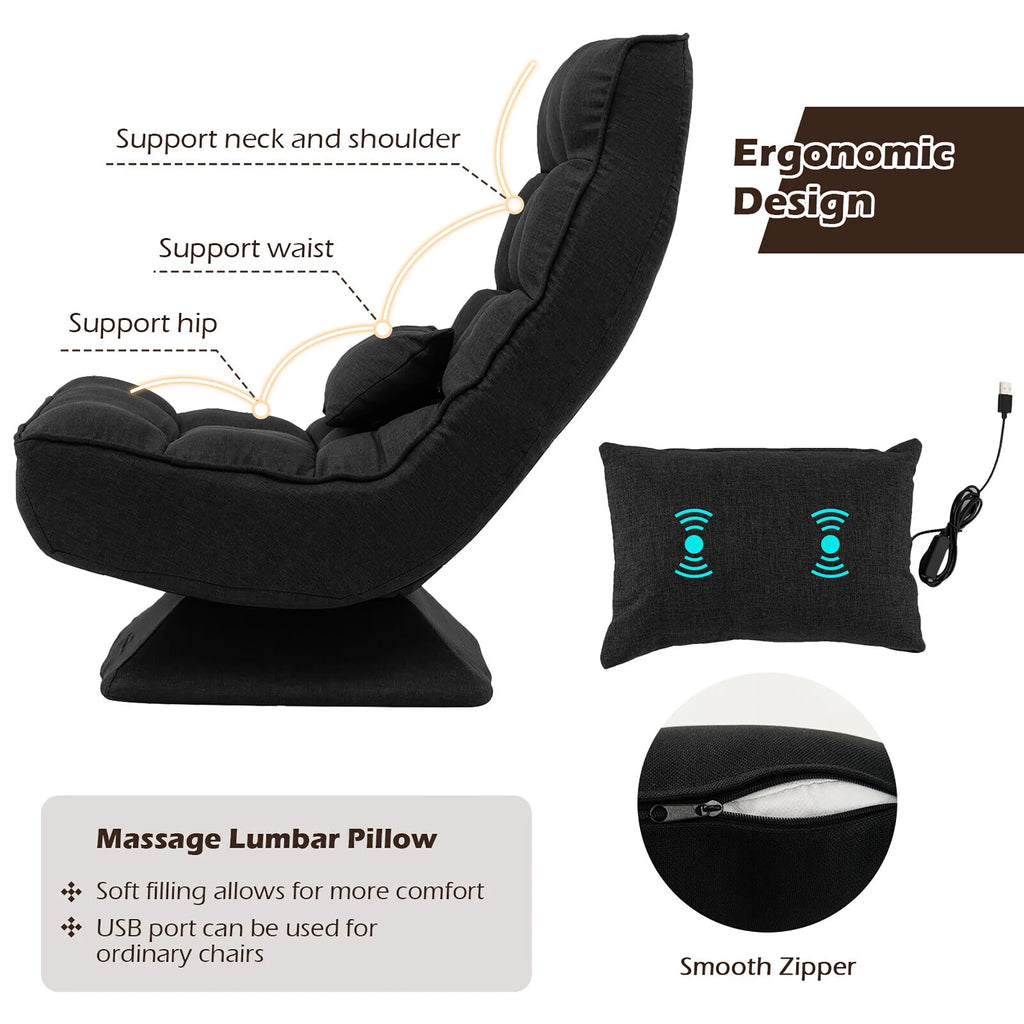 Costway 360 Swivel Floor Chair 5-Level Adjustable Lazy Chair w/ Massage Pillow Black