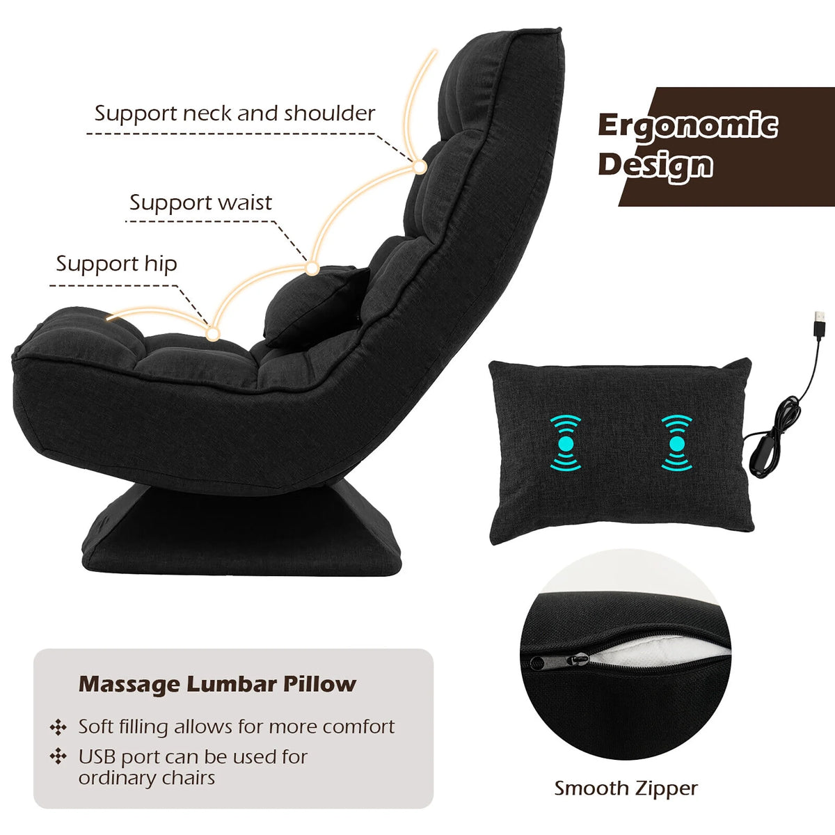 Costway 360 Swivel Floor Chair 5-Level Adjustable Lazy Chair w/ Massage Pillow Black
