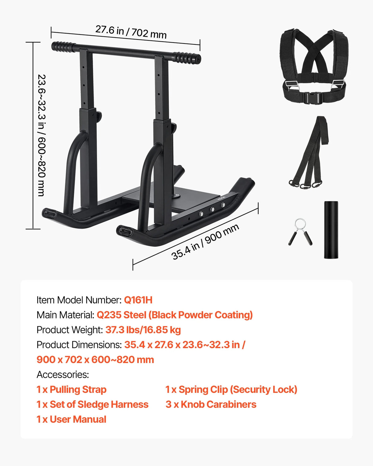 VEVOR Weight Sled, Steel Power Sled, Fitness Training Sleds for Athletic Exercise Speed Improvement, Workout Equipment with Adjustable Height Handle, Compatible with 1/2 in Weight Plates, Black