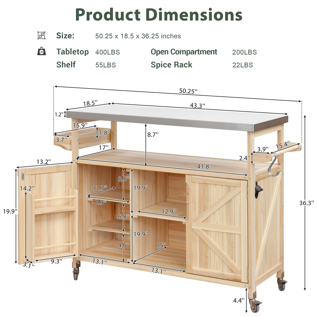 Outdoor Kitchen Island, Rolling Bar Cart & Storage Cabinet, Farmhouse Solid Wood Outdoor Grill Table with Stainless Steel Top, Spice Rack , Towel Rack for Kitchen & BBQ , Natural