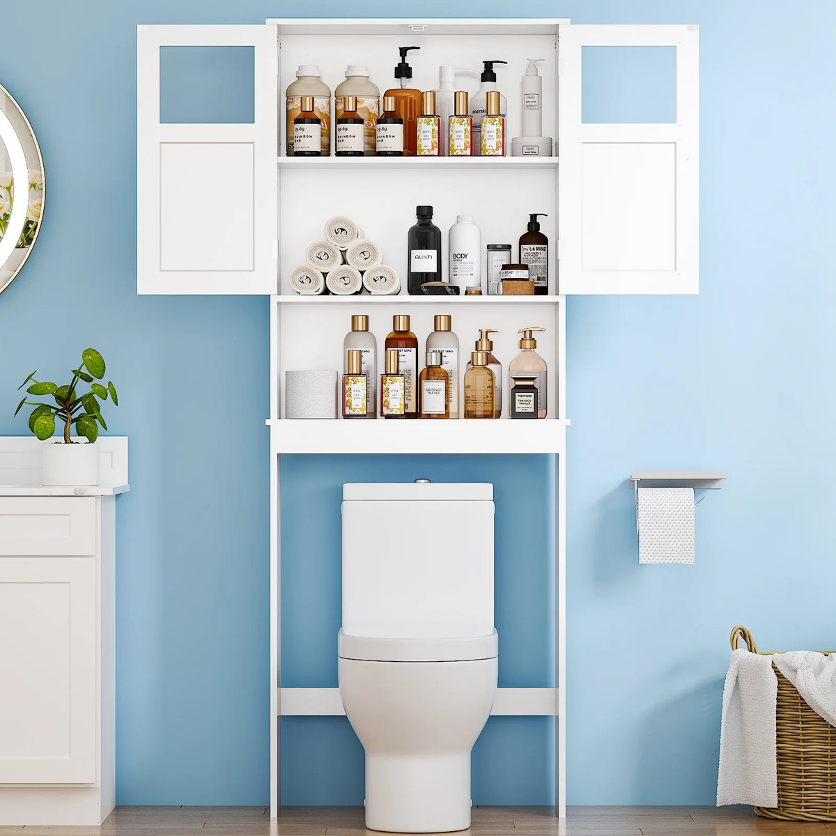 Ktaxon Over the Toilet Bathroom Storage Cabinet with 2 Doors & 3 Storage Shelves Space Saver, White