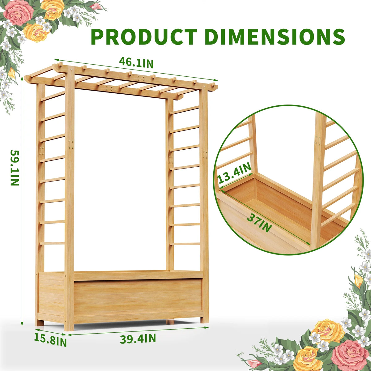Slsy 63" Screen Raised Garden Bed, Wooden Planter Box with Hanging Roof & Drainage Holes, Indoor Outdoor Elevated Planter for Vine, Climbing Plants, Flowers, Patio & Garden