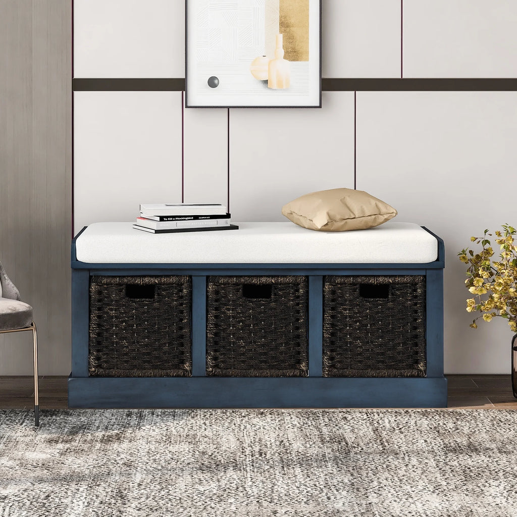 Entryway Storage Bench with 3 Woven Baskets and Removable Cushion, Entry Hallway Foyer Shoe Bench End of Bed Bench, Fully Assembled, 41.3" L x 15.7" W x 17" H (White&nbsp;Washed)
