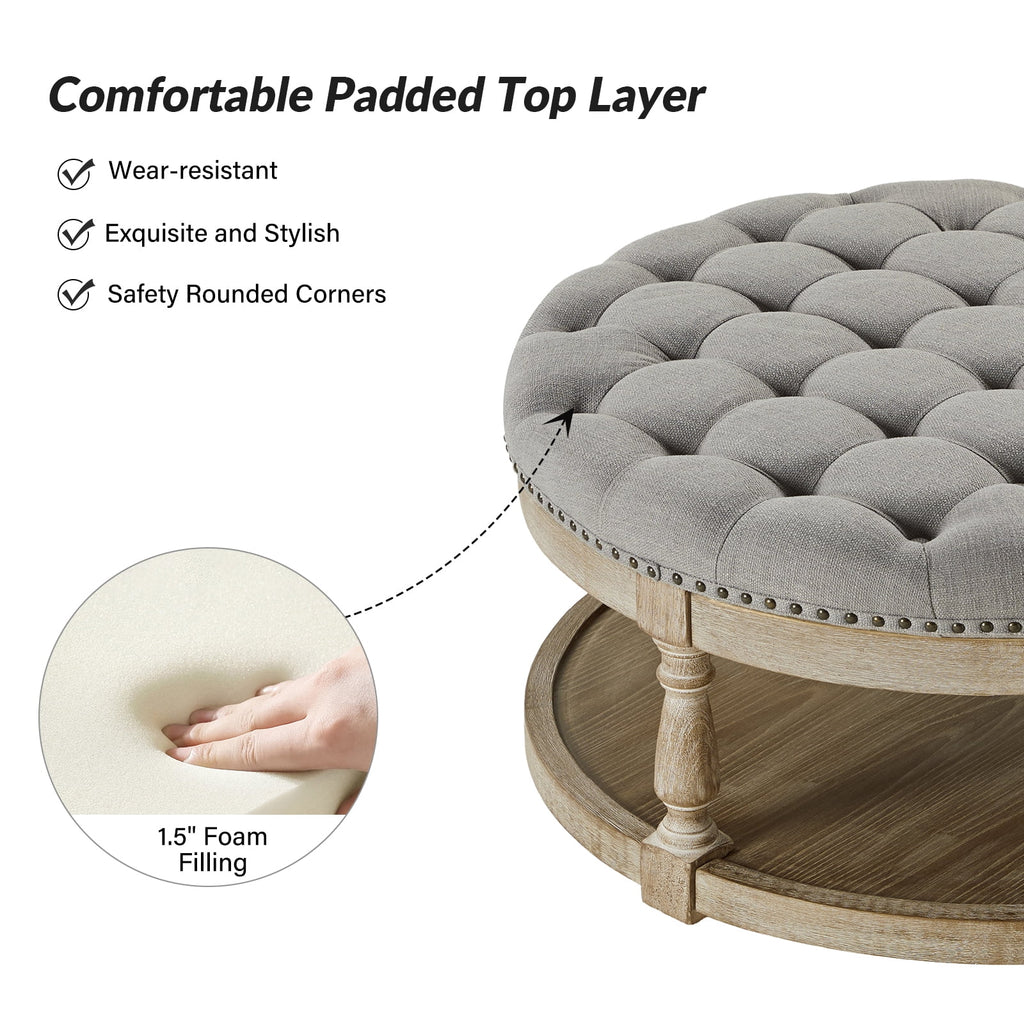 36'' Wide Blue Round Large Ottoman Tufted Coffee Table with Storage Wood Legs Home Living Room