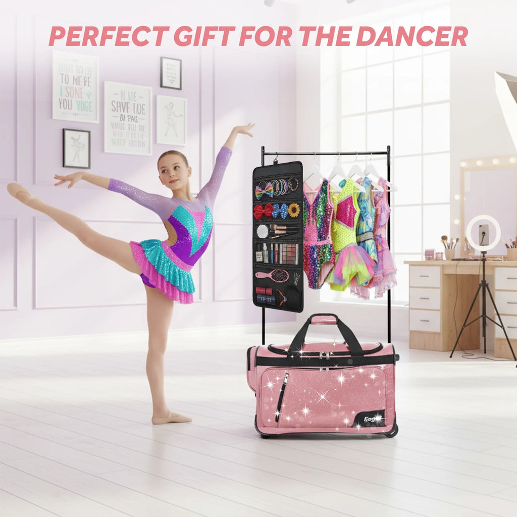 Fegat Dance Bag with Garment Rack,23"Glitter Bright Rolling Dance Duffel Bag Lightweight Competition Bag Costume Suitcase for Dancers Performer Artist, Shine Glitter Purple