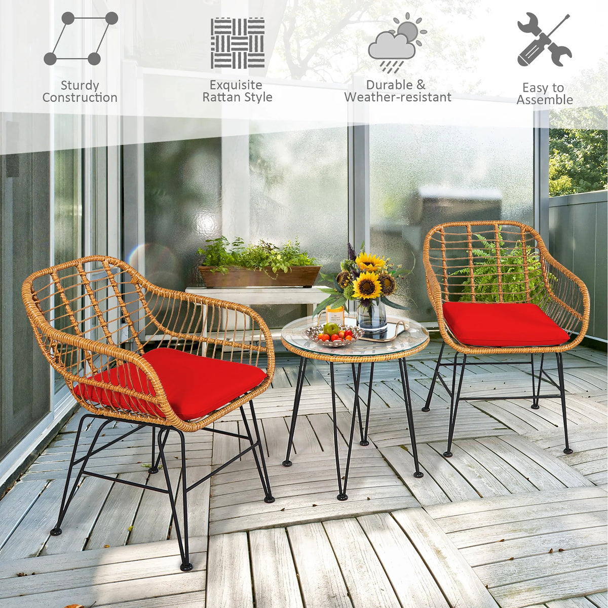 Costway 3PCS Patio Rattan Bistro Furniture Set Cushioned Chair Table Navy