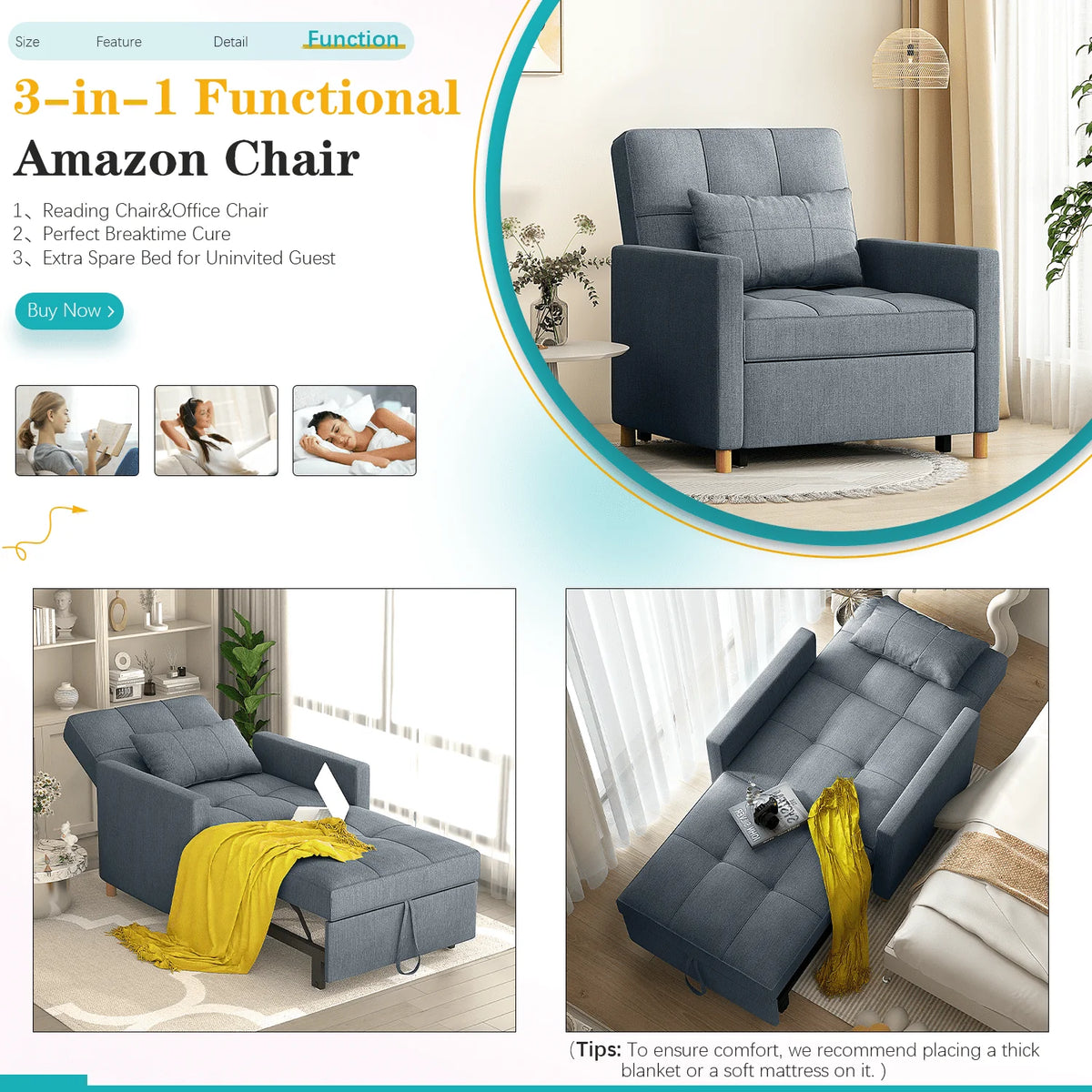 YODOLLA Sleeper Sofa Chair 3 in 1 Sleeper Chairs for Adults Pull Out Chair Bed Sleeper with Extra Pillow and Convertible Backrest Multi-Functional Fold Out Chair Bed for Small Space (Dark Grey)