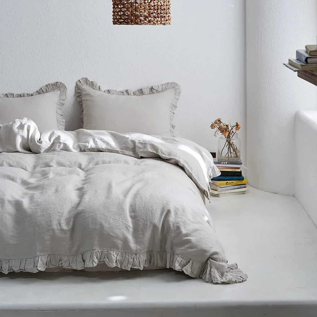 Simple&Opulence 100% Washed Linen Duvet Cover Set-3 Pieces Shabby Chic Premium Ruffled Bedding with 1 Comforter Cover and 2 Pillowshams France Flax High End Frill Sets Vintage Style(King, White)