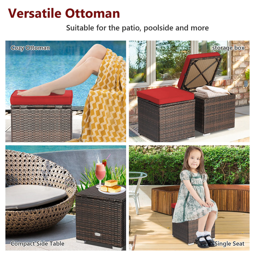 Costway 2PC Patio Rattan Ottoman Seat Side Table Storage Box Footrest Off White