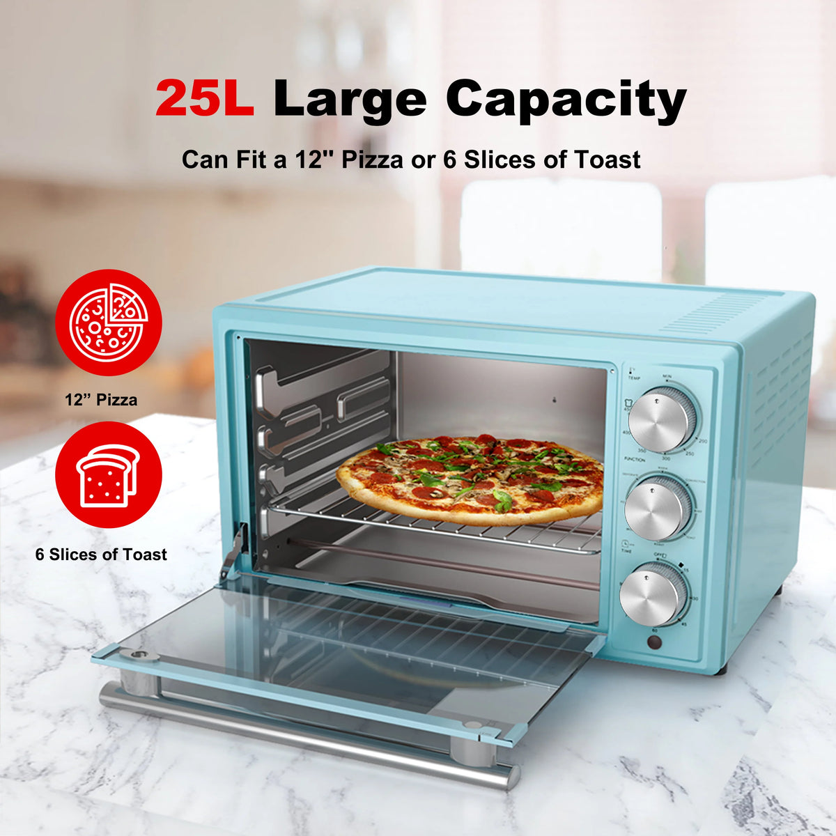 Galanz Retro Toaster Oven, True Convection, Indicator Light, 8 Cooking Programs, 1500W, 120Volts, 0.9 Cu.Ft Capacity, Blue