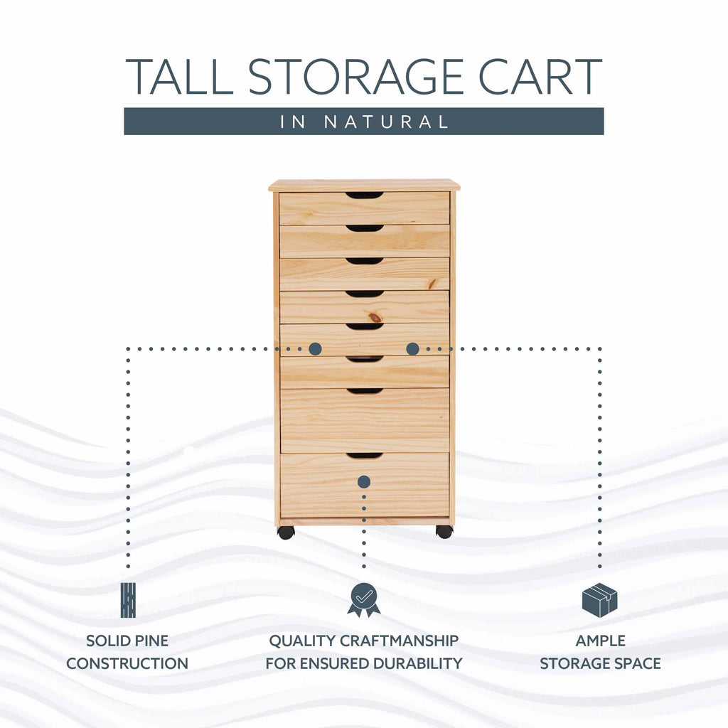 Linon Callie Eight Drawer Rolling Storage Cart in Natural Stained Wood
