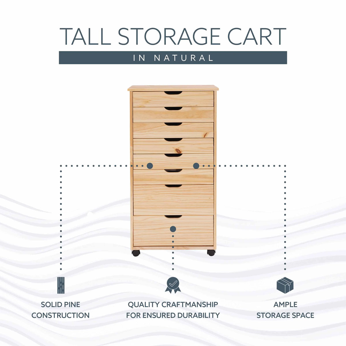 Linon Callie Eight Drawer Rolling Storage Cart in Natural Stained Wood