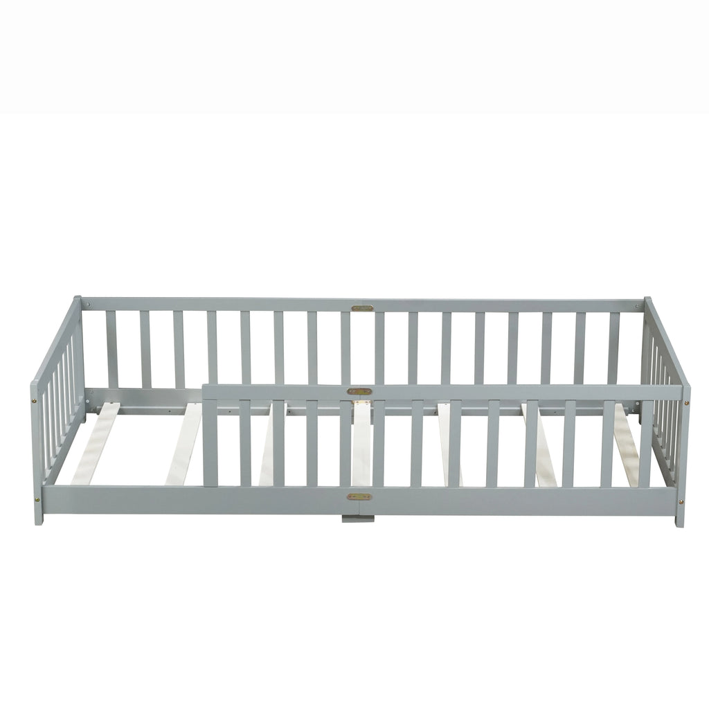 Miniyam Wooden Twin Size Floor Bed with Safety Fence for Kids, Natural