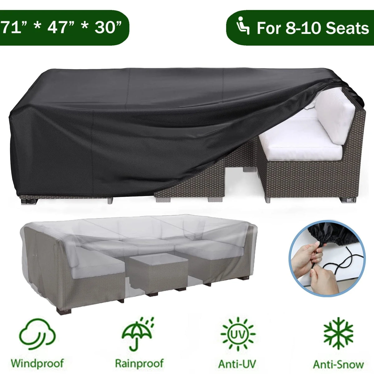Patio Furniture Covers Waterproof,71 x 47 x 30 inch outdoor furniture cover waterproof,Dinosam Durable Outdoor Furniture Covers with 4 Windproof Buckles,Black Patio Table Cover Fits for 8-10 Seats