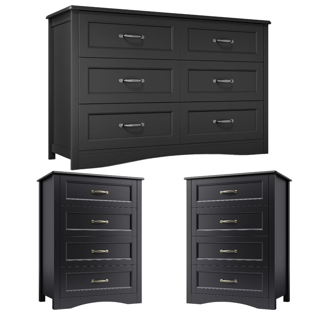 Lofka 3 Piece Nightstands and Dressers Sets , 6 Drawer Dresser & 4 Drawers Nightstand set of 2,Modern Engineered Wood ,White