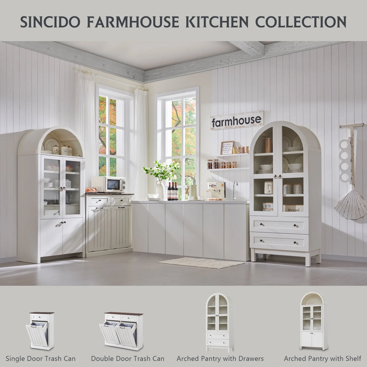 SinCiDo Arched Kitchen Pantry Storage Cabinet, 71-Inch Tall Wood Adjustable Shelves, 2 Doors, 2 Drawers