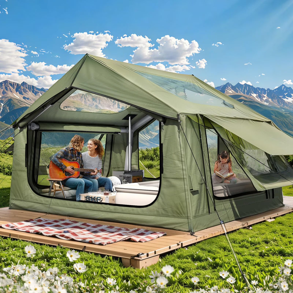 Yoleny 12'x8' Inflatable Tent, 96 SFT Blow Up Tent for Camping, 4 Season Oxford Glamping Tents with Clear Skylight, Pump & Stove Jack