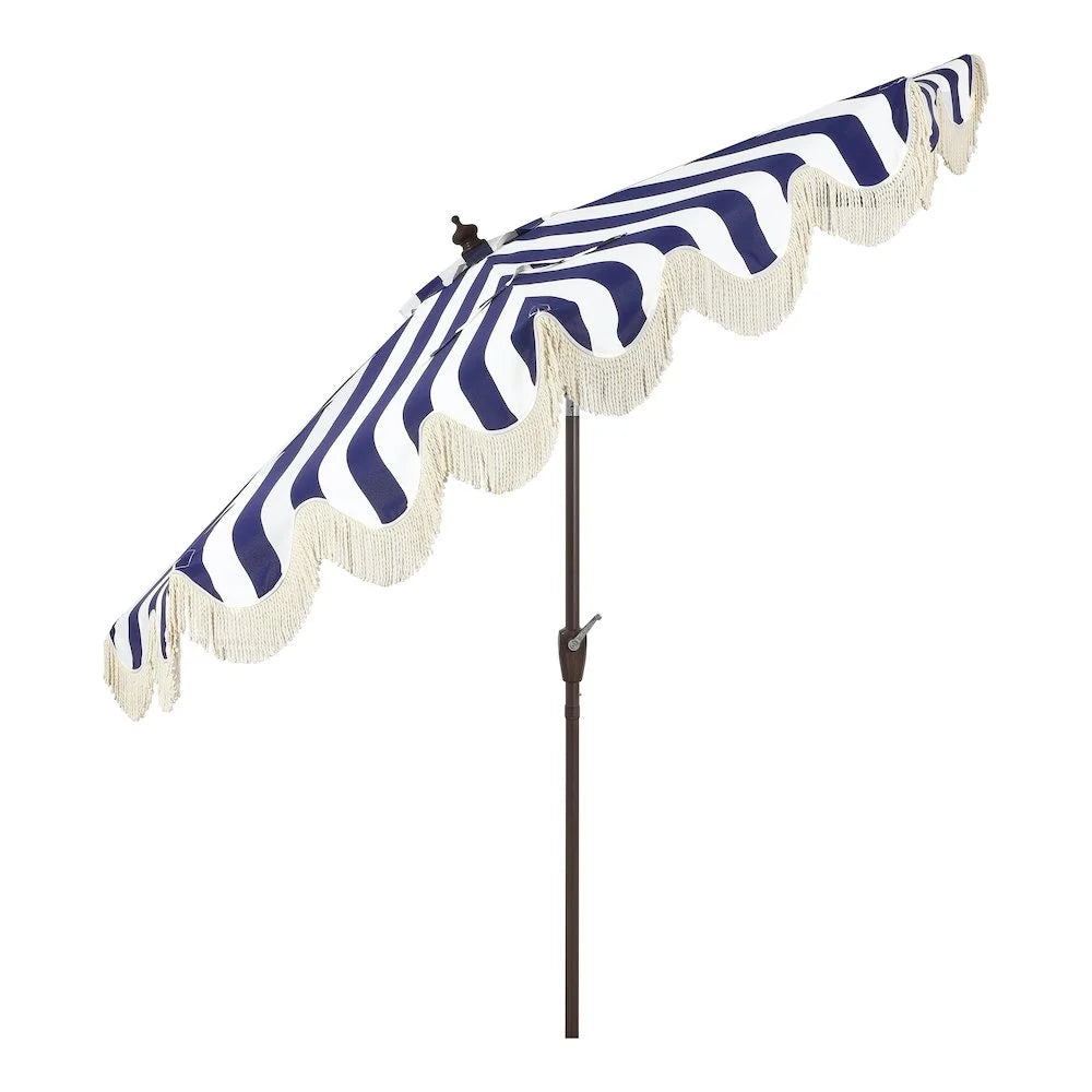 JONATHAN Y Beverly 9 ft. Half Market Patio Umbrella, Designer Classic Scalloped Fringe with Crank, Tilt Button and UV Protection, Blue/White/Cream, Dark Brown Pole