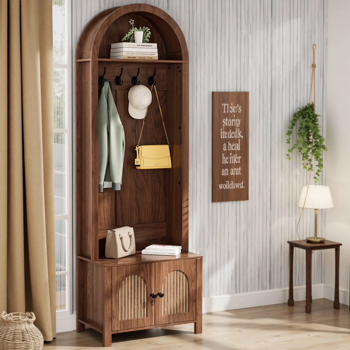 Diubas Arch Hall Tree with Bench and Shoe Storage, Farmhouse Coat Rack for Hallway, Entryway, Walnut