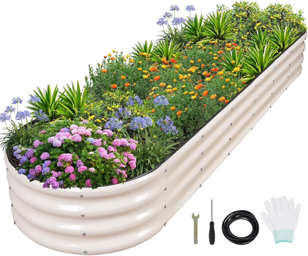 Galvanized Raised Garden Bed- Planter Garden Boxes Outdoor, Raised Beds for Gardening, 8x2x1ft Metal Garden Bed Kit for Vegetables Flower, Planter Raised Beds with Protective Tape & Tools.White