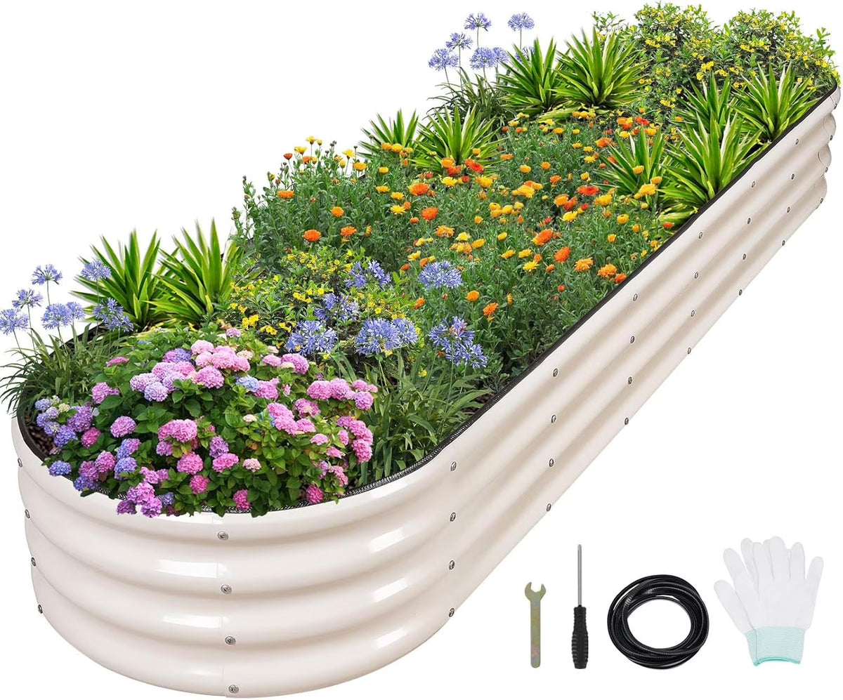 Galvanized Raised Garden Bed- Planter Garden Boxes Outdoor, Raised Beds for Gardening, 8x2x1ft Metal Garden Bed Kit for Vegetables Flower, Planter Raised Beds with Protective Tape & Tools.White