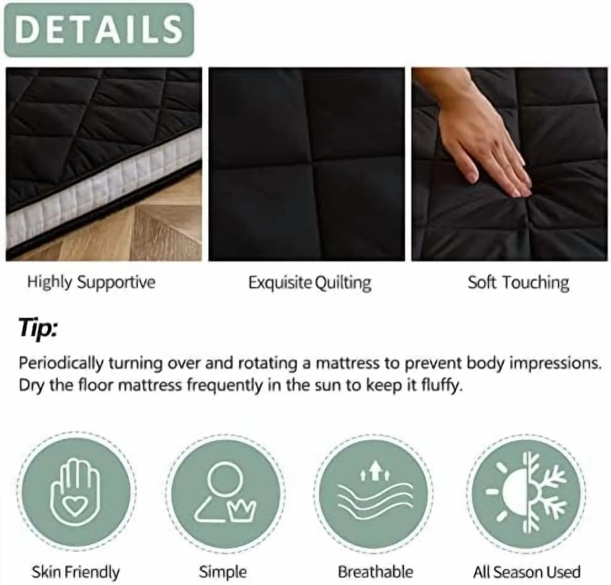 Japanese Floor Futon Mattress King Size, Floor Bed for Adults, Roll Up Folding Mattress, Diamond Patterned Japanese Futon Bed, Dark Grey