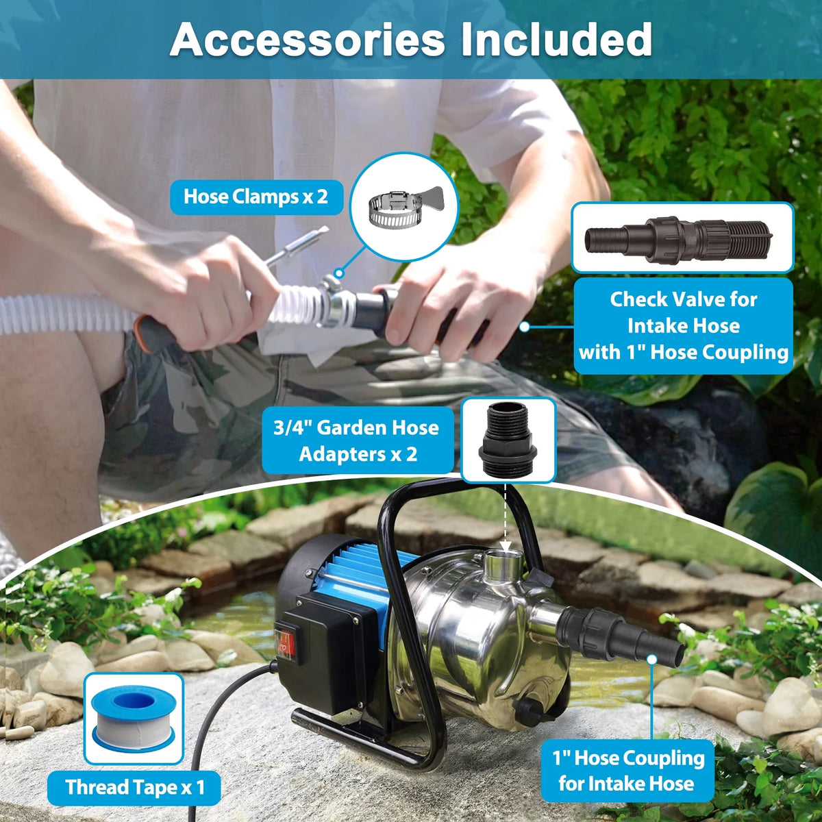 FLUENTPOWER 1HP Portable Stainless Steel Sprinkler Booster Pump, Electric Shallow Well Pressure Pump for Home Garden Lawn Irrigation and Water Transfer, with 1" NPT Female Thread